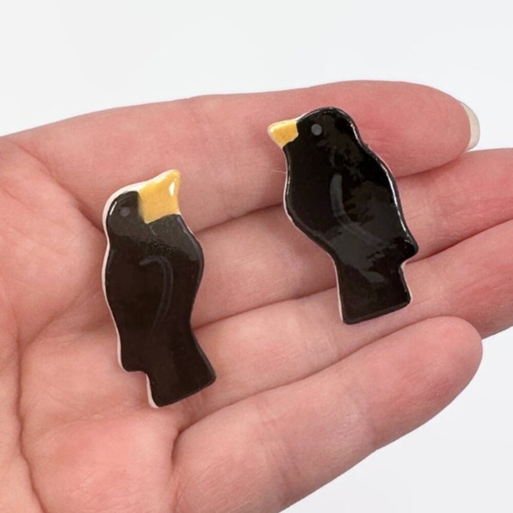 Raven Earrings, Crow, Bird, Porcelain, Vintage, Clip Ons, Handmade, Black